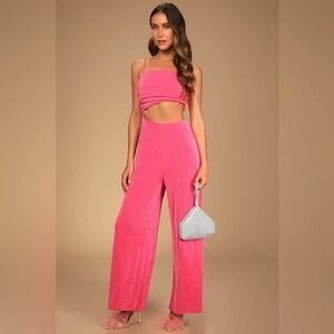 Lulus Hot Pink Velvet Cutout Jumpsuit Wide Leg Sleeveless Party‎ Romper XL